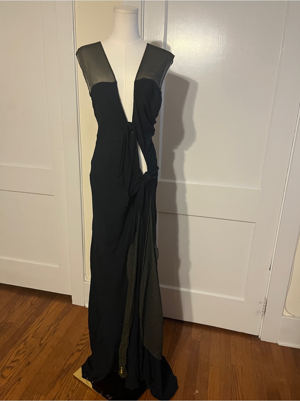 GHOST London Black Sheer Plunge Cutout Gown – Draped Cross-Back 90s
